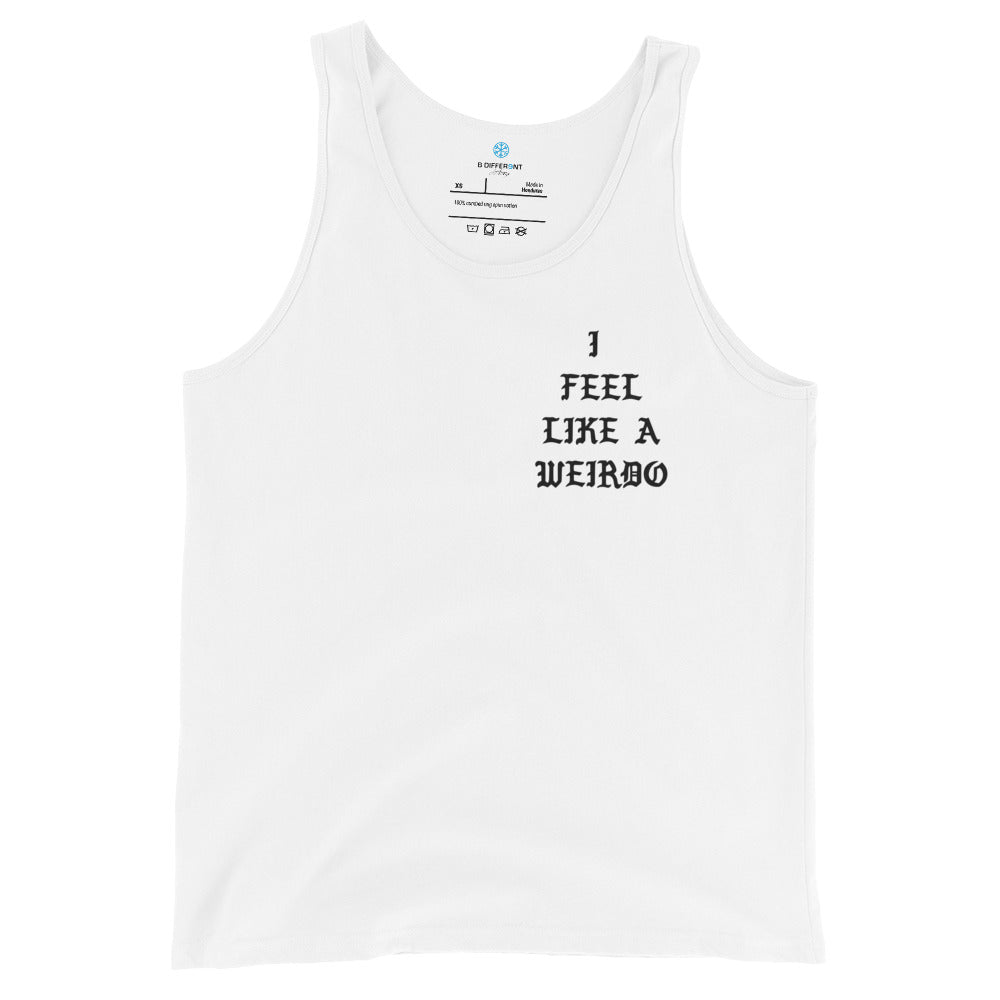 White-I Feel Like a Weirdo Tank Top from B.Different Clothing, front view, graffiti-inspired streetwear
