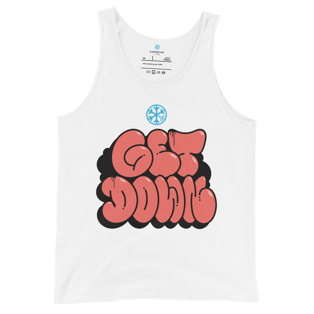 White-Get Down Graffiti Throw-up Tank Top from B.Different Clothing, front view, graffiti-inspired streetwear