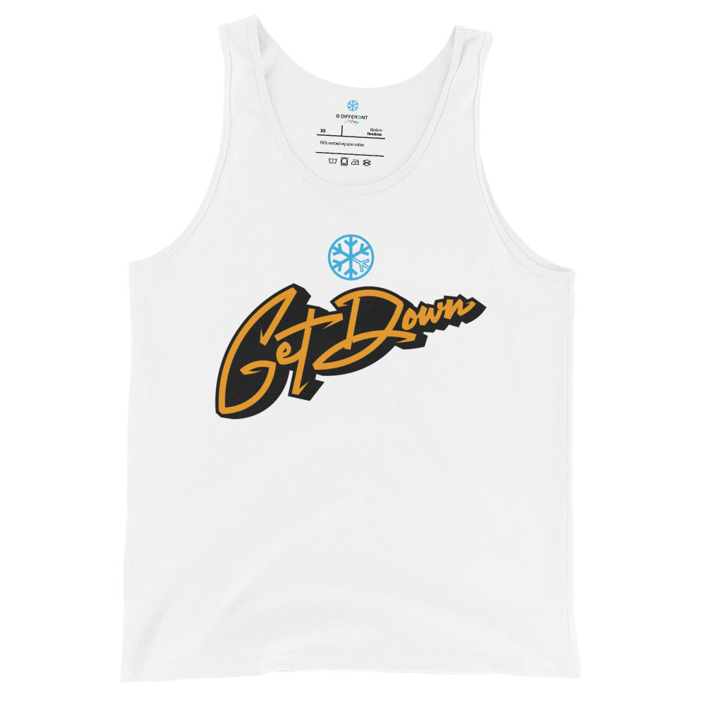 White-Get Down Graffiti Lettering Tank Top from B.Different Clothing, front view, graffiti-inspired streetwear