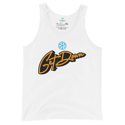 White-Get Down Graffiti Lettering Tank Top from B.Different Clothing, front view, graffiti-inspired streetwear