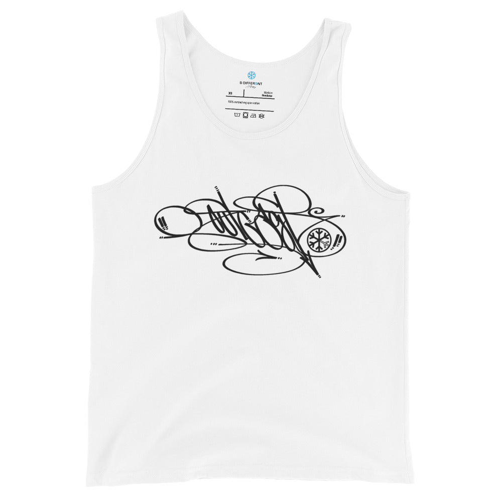 White-Outcast Tag Tank Top by Graffiti Dad from B.Different Clothing, front view, graffiti-inspired streetwear