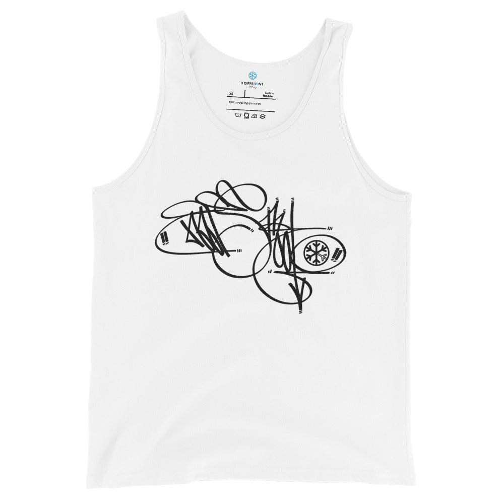 White-Misfit Tag Tank Top by Graffiti Dad from B.Different Clothing, front view, graffiti-inspired streetwear