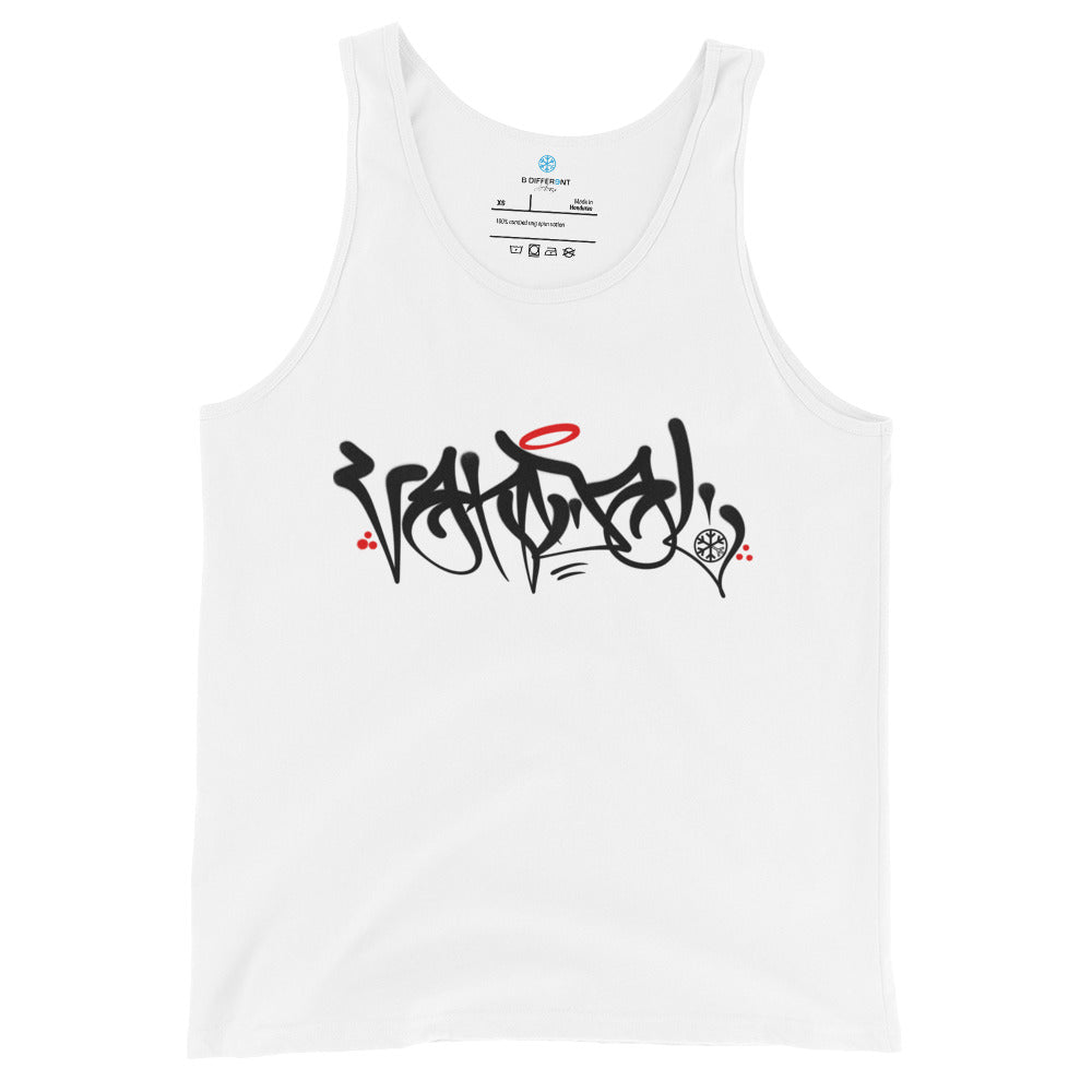 White-Vandal Graffiti Tag Tank Top by Caos One from B.Different Clothing, front view, graffiti-inspired streetwear