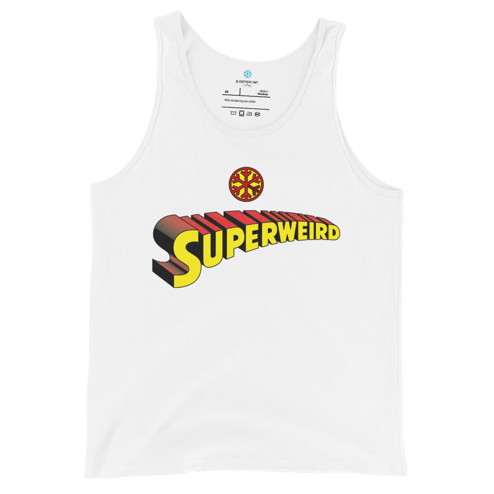 White-Superweird Tank Top from B.Different Clothing, front view, graffiti-inspired streetwear