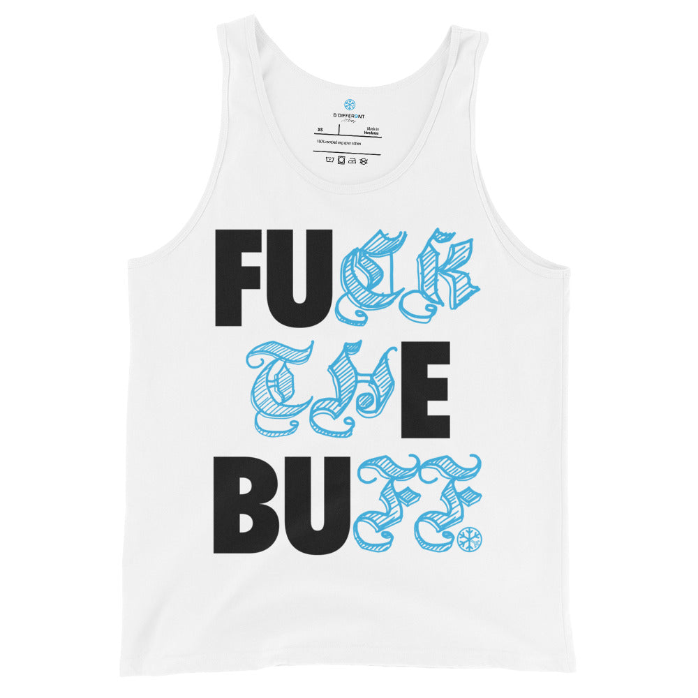 White-Fuck The Buff Graffiti Tank Top from B.Different Clothing, front view, graffiti-inspired streetwear