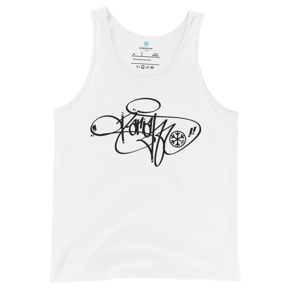 White-Pariah Tag Tank Top by Graffiti Dad from B.Different Clothing, front view, graffiti-inspired streetwear