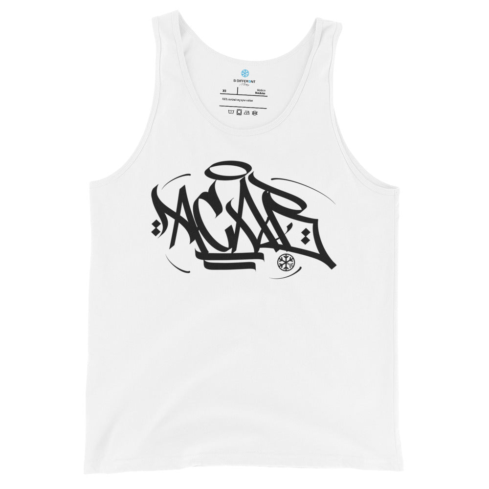 White-Acab Graffiti Tag Tank Top by Caos One from B.Different Clothing, front view, graffiti-inspired streetwear