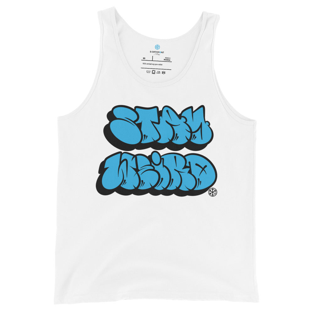 White-Stay Weird Graffiti Throwie Tank Top by Monsterinho from B.Different Clothing, front view, graffiti-inspired streetwear