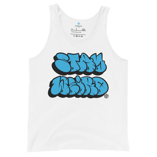 White-Stay Weird Graffiti Throwie Tank Top by Monsterinho from B.Different Clothing, front view, graffiti-inspired streetwear