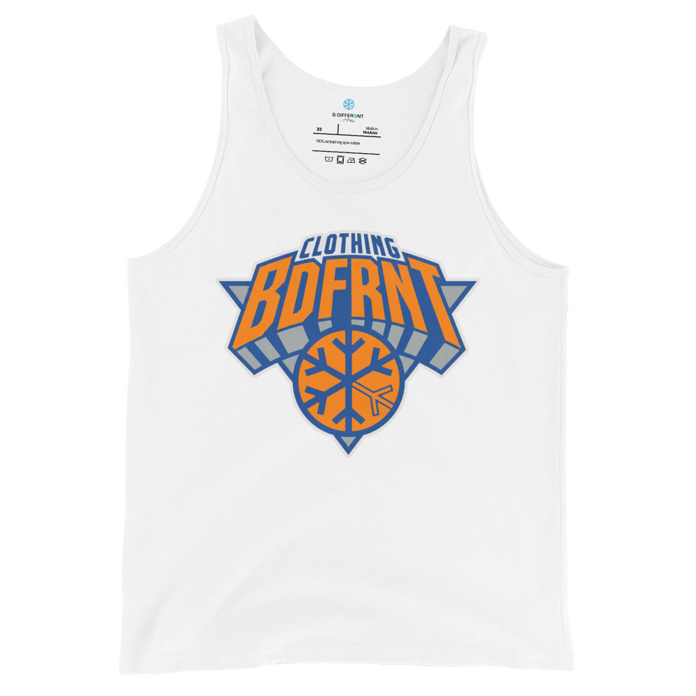 White-BDFRNT Logo 2011 Tank Top from B.Different Clothing, front view, graffiti-inspired streetwear