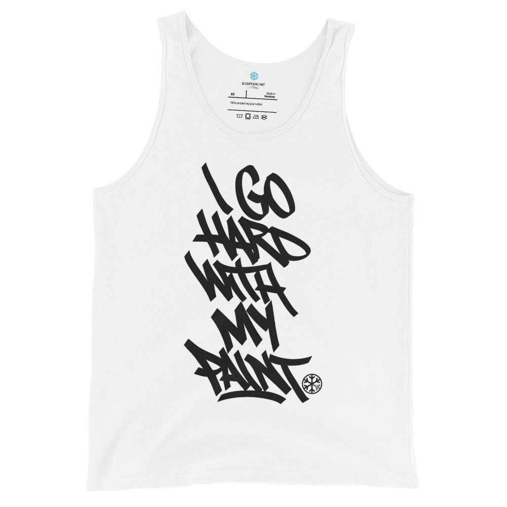 White-I Go Hard With My Paint Graffiti Tank Top from B.Different Clothing, front view, graffiti-inspired streetwear