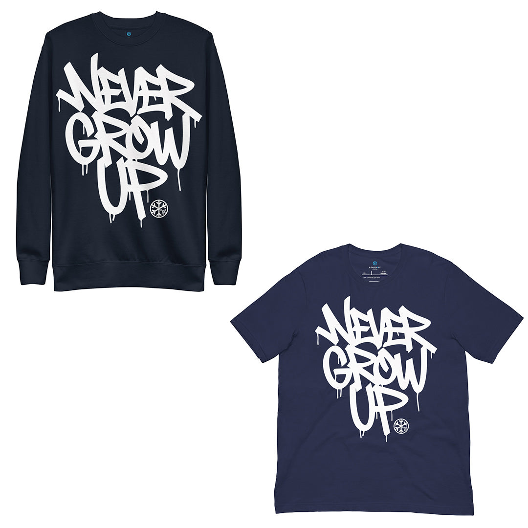 Navy-Never Grow Up Graffiti Bundle sweatshirt and t-shirt from B.Different Clothing, front view, graffiti-inspired streetwear