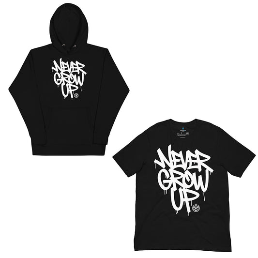 Black-Never Grow Up Graffiti Bundle hoodie and t-shirt from B.Different Clothing, front view, graffiti-inspired streetwear