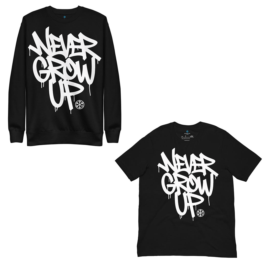 Black-Never Grow Up Graffiti Bundle sweatshirt and t-shirt from B.Different Clothing, front view, graffiti-inspired streetwear