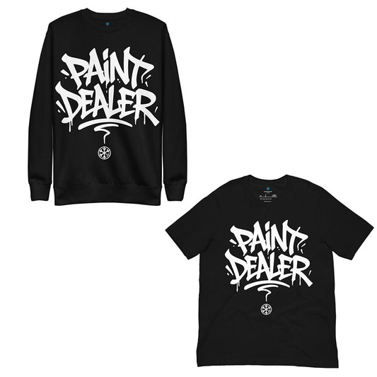 Black-Paint Dealer Graffiti Tag Bundle sweatshirt and t-shirt from B.Different Clothing, front view, graffiti-inspired streetwear