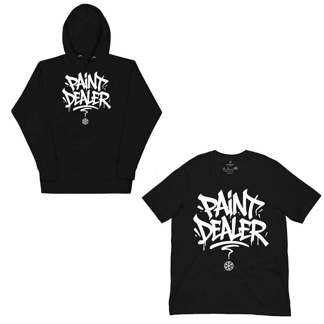 Black-Paint Dealer Graffiti Tag Bundle hoodie and t-shirt from B.Different Clothing, front view, graffiti-inspired streetwear