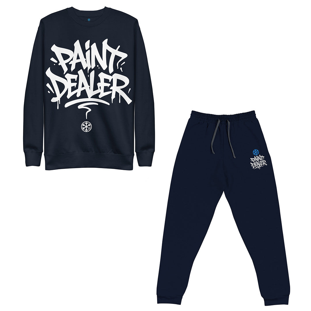 Navy-Paint Dealer Graffiti Tag Bundle sweatshirt and joggers from B.Different Clothing, front view, graffiti-inspired streetwear