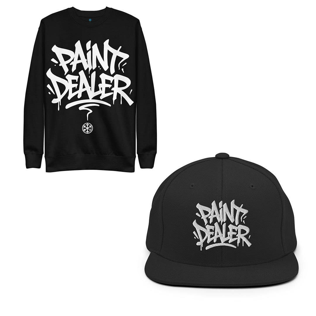 Black-Paint Dealer Graffiti Tag Bundle sweatshirt and snapback hat from B.Different Clothing, front view, graffiti-inspired streetwear