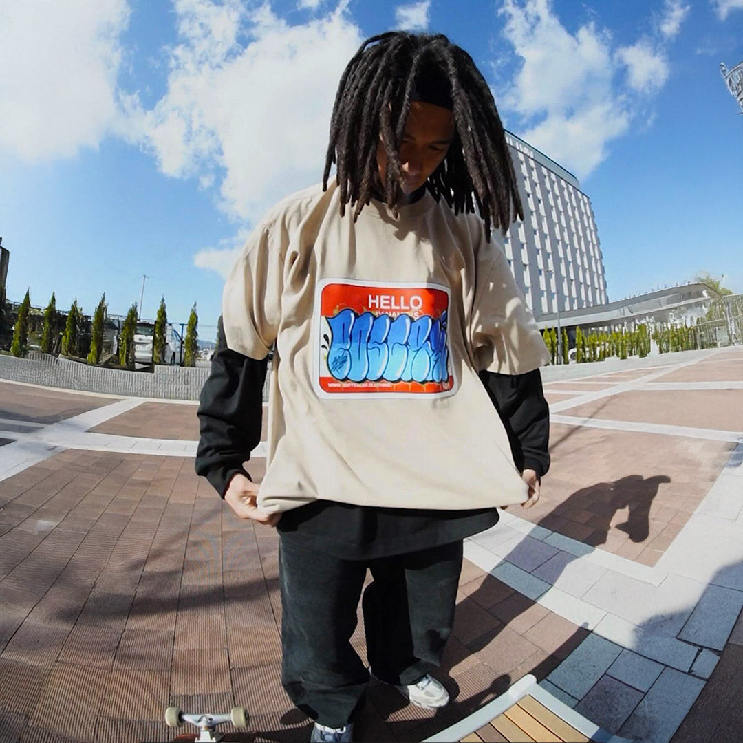 Beige-Poscakun wearing Hello My Name is Tee B.Different Clothing graffiti-inspired streetwear brand