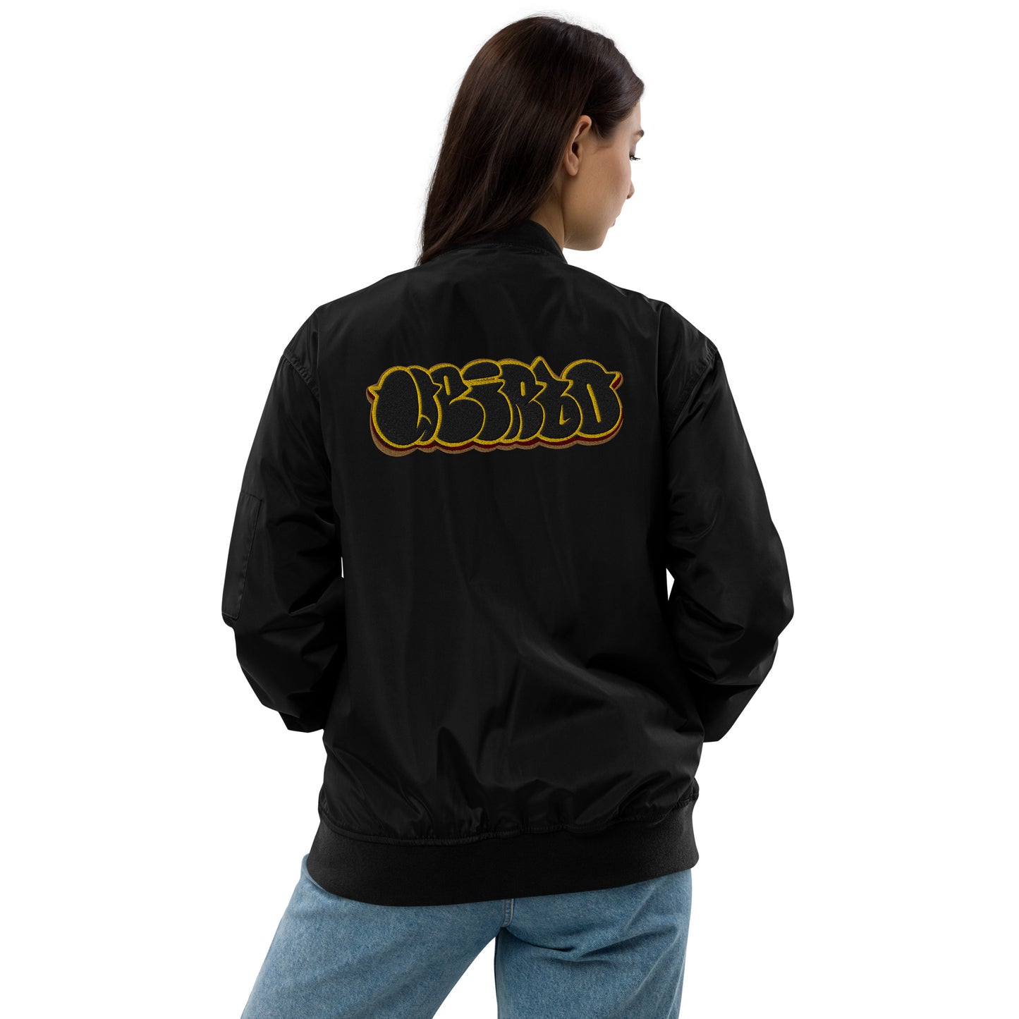 woman wearing Weirdo Graffiti Throwie Bomber Jacket by B.Different Clothing graffiti street art inspired independent streetwear brand.