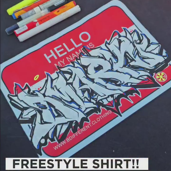 Black-video of Dmark graffiti piece on the Hello My Name is Graffiti Tee by B.Different Clothing, a graffiti-inspired streetwear brand