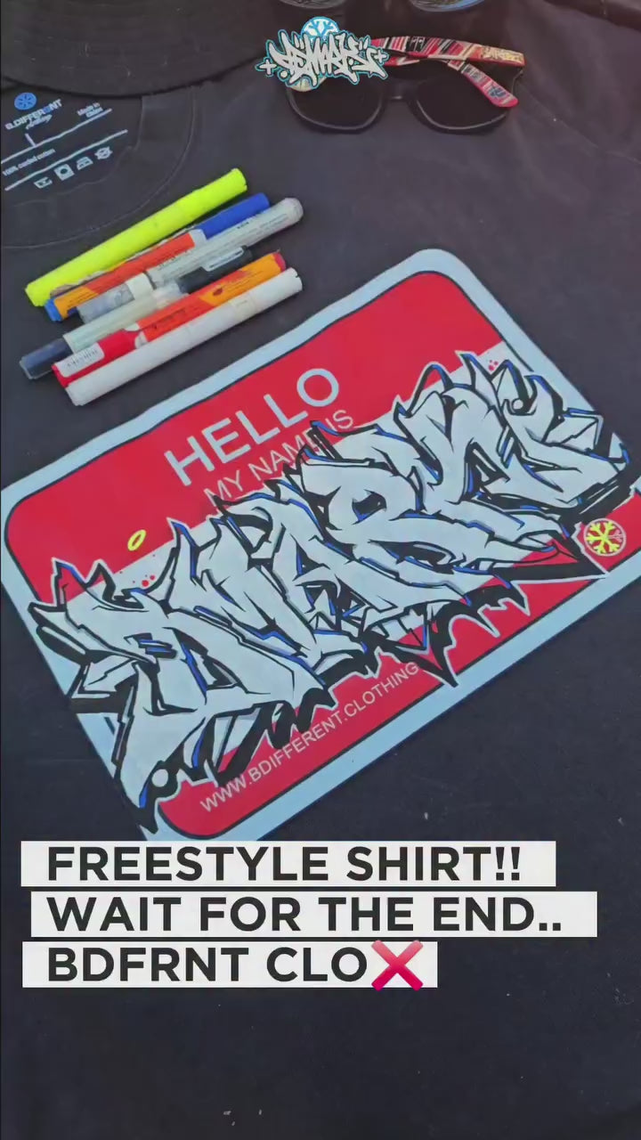 Black-video of Dmark graffiti piece on the Hello My Name is Graffiti Tee by B.Different Clothing, a graffiti-inspired streetwear brand