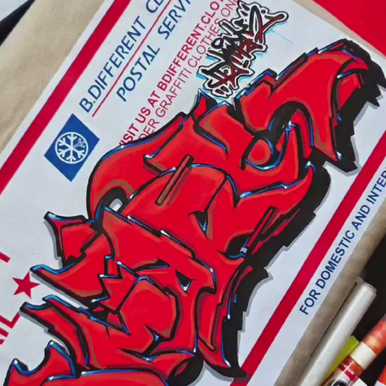 Beige-Video Dmark customizing Priority Mail Sticker Graffiti Tee from B.Different Clothing, graffiti-inspired streetwear t-shirt