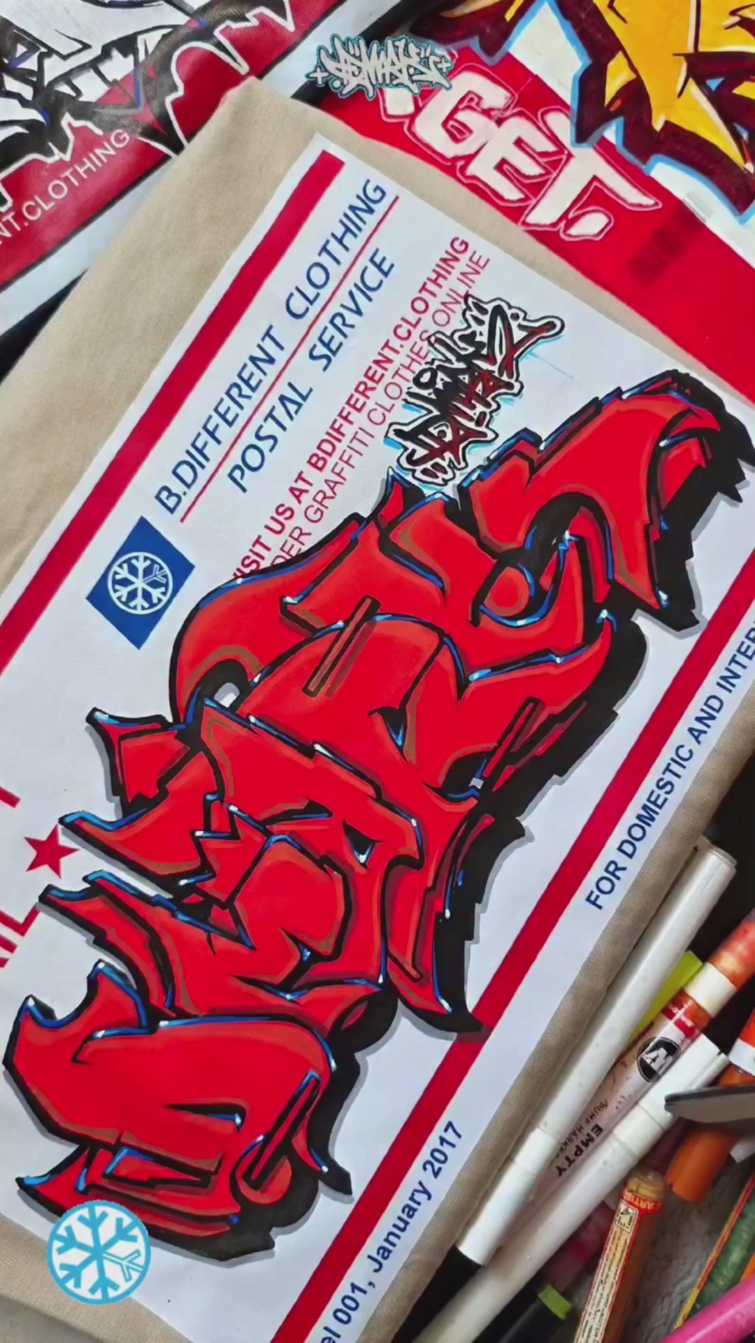 Beige-Video Dmark customizing Priority Mail Sticker Graffiti Tee from B.Different Clothing, graffiti-inspired streetwear t-shirt