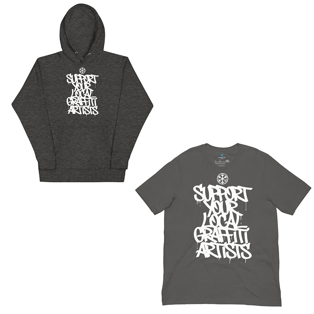 Gray-Support Your Local Graffiti Artists Bundle hoodie and t-shirt from B.Different Clothing, front view, graffiti-inspired streetwear