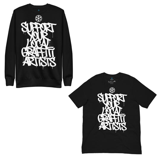 Black-Support Your Local Graffiti Artists Bundle sweatshirt and t-shirt from B.Different Clothing, front view, graffiti-inspired streetwear
