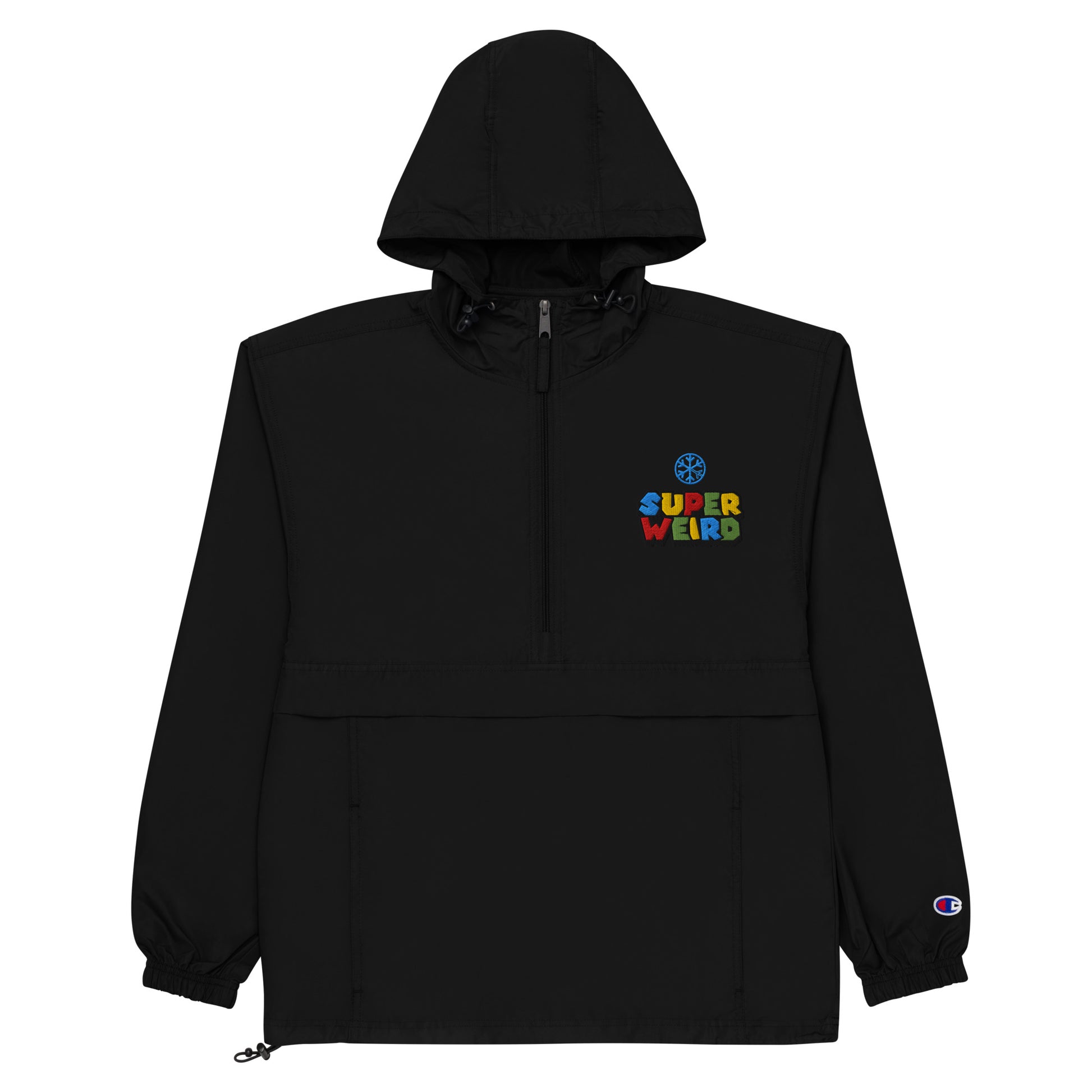 Black-Super Weird Bros Windbreaker Jacket from B.Different Clothing, flat view, graffiti-inspired streetwear