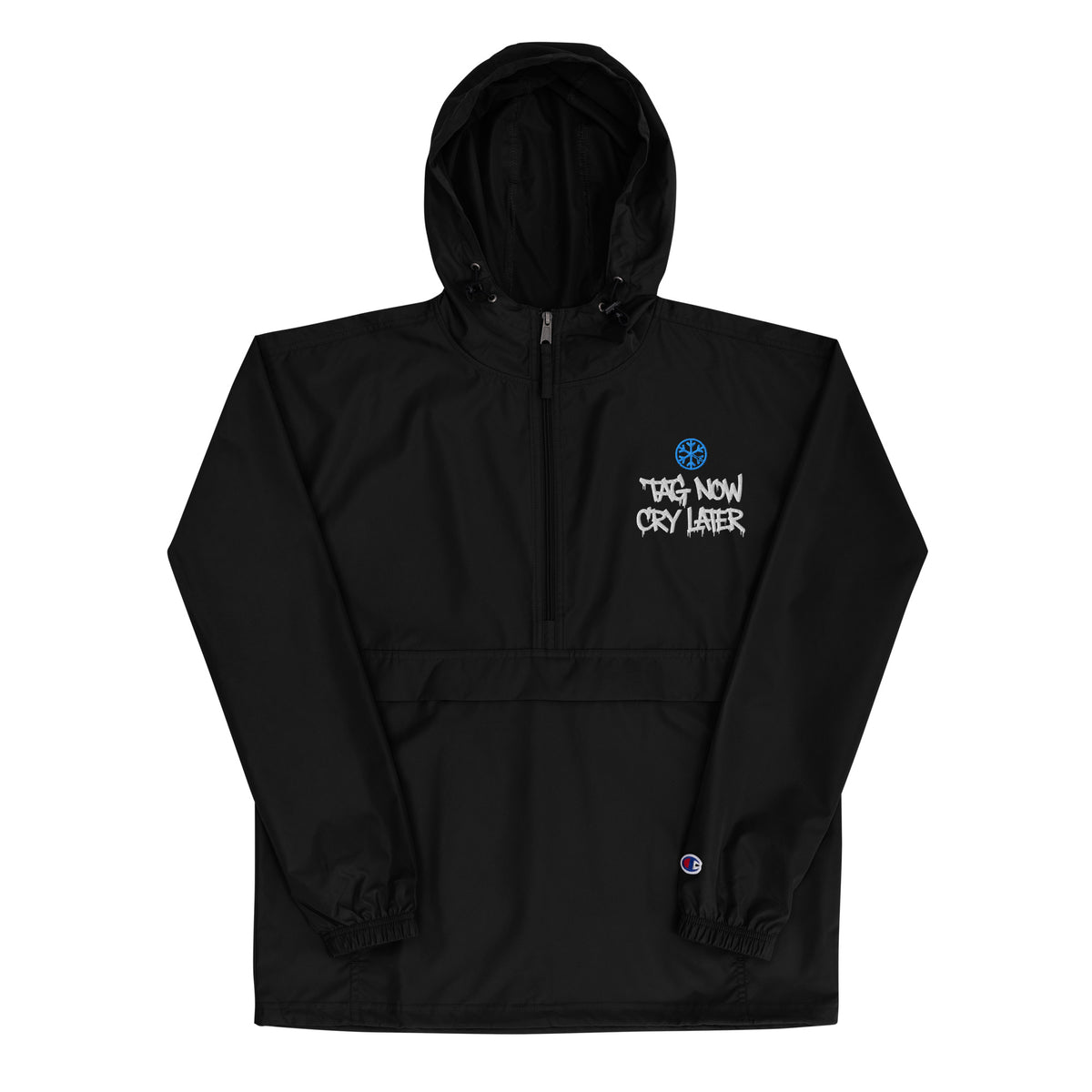 Black-Tag Now Cry Later Graffiti Tag Windbreaker Jacket from B.Different Clothing, front view, graffiti-inspired streetwear