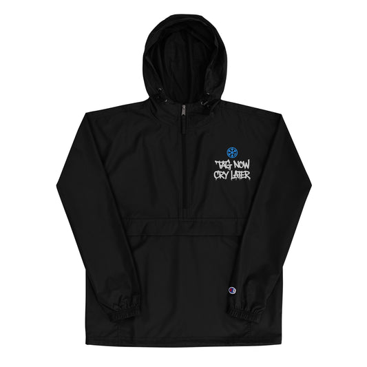 Black-Tag Now Cry Later Graffiti Tag Windbreaker Jacket from B.Different Clothing, front view, graffiti-inspired streetwear