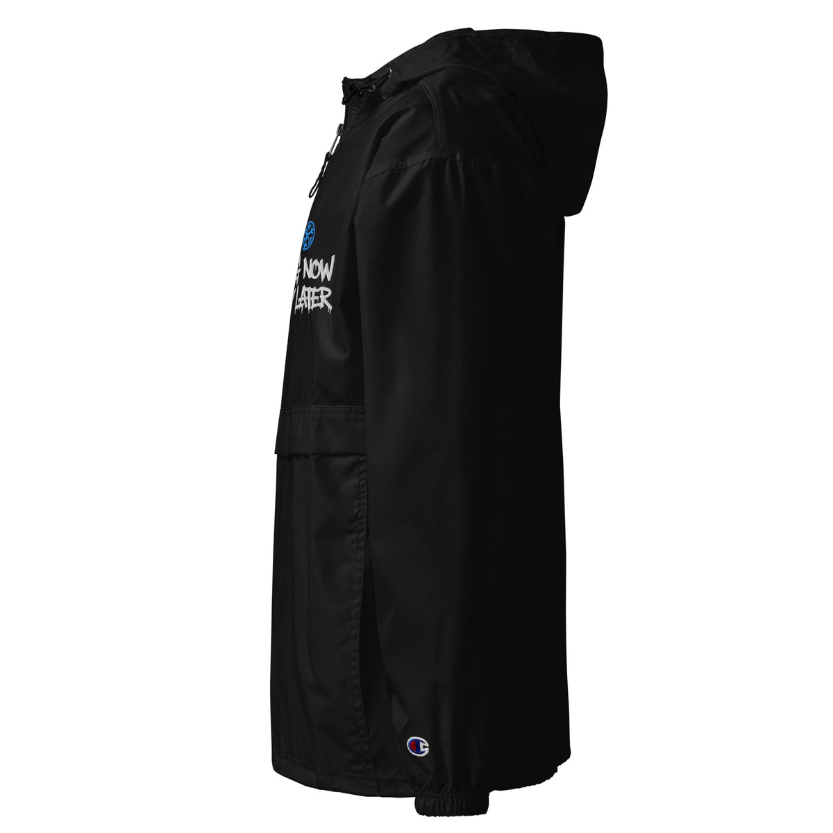 Black-Tag Now Cry Later Graffiti Tag Windbreaker Jacket from B.Different Clothing, left view, graffiti-inspired streetwear