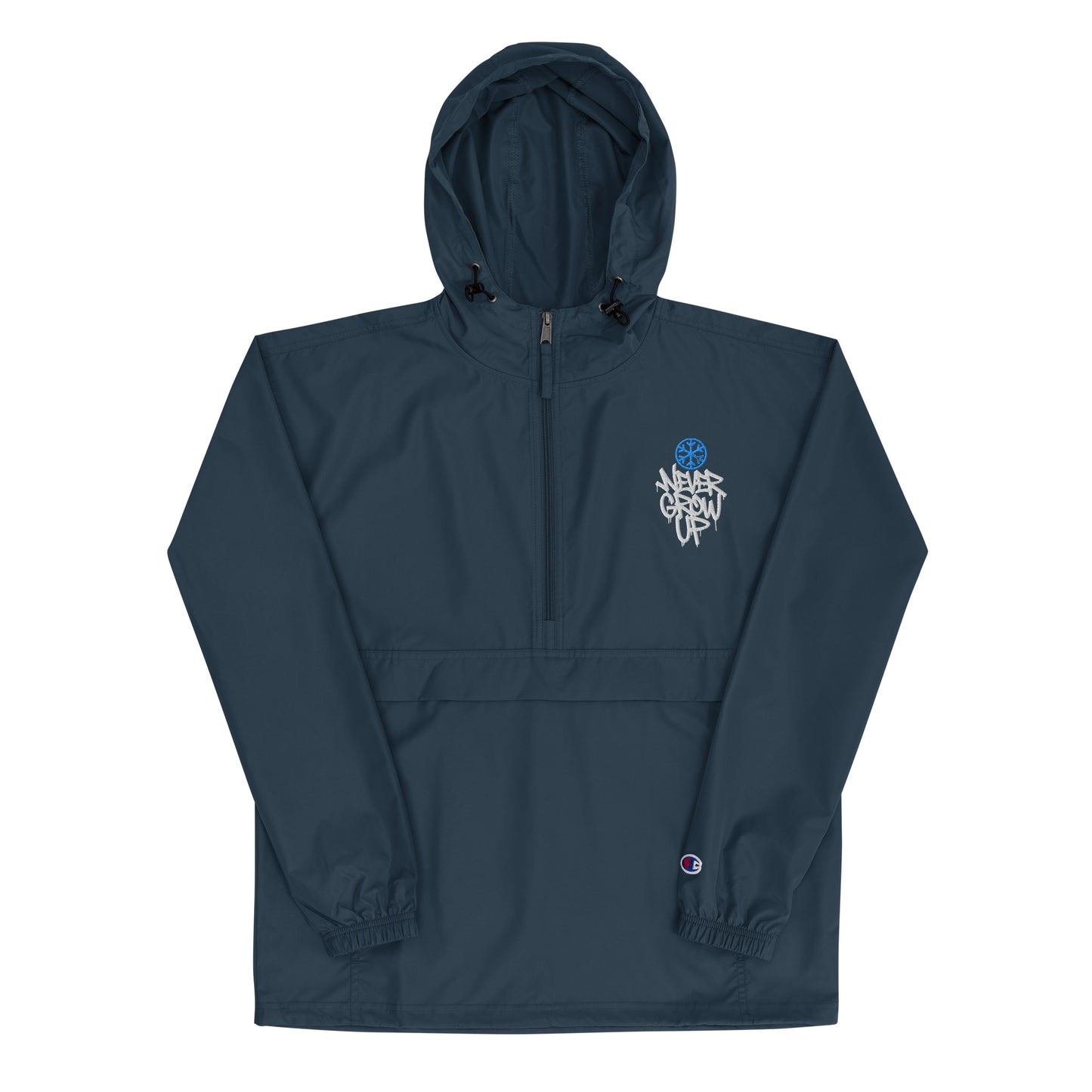 Navy-Never Grow Up Graffiti Windbreaker Jacket from B.Different Clothing, front view, graffiti-inspired streetwear