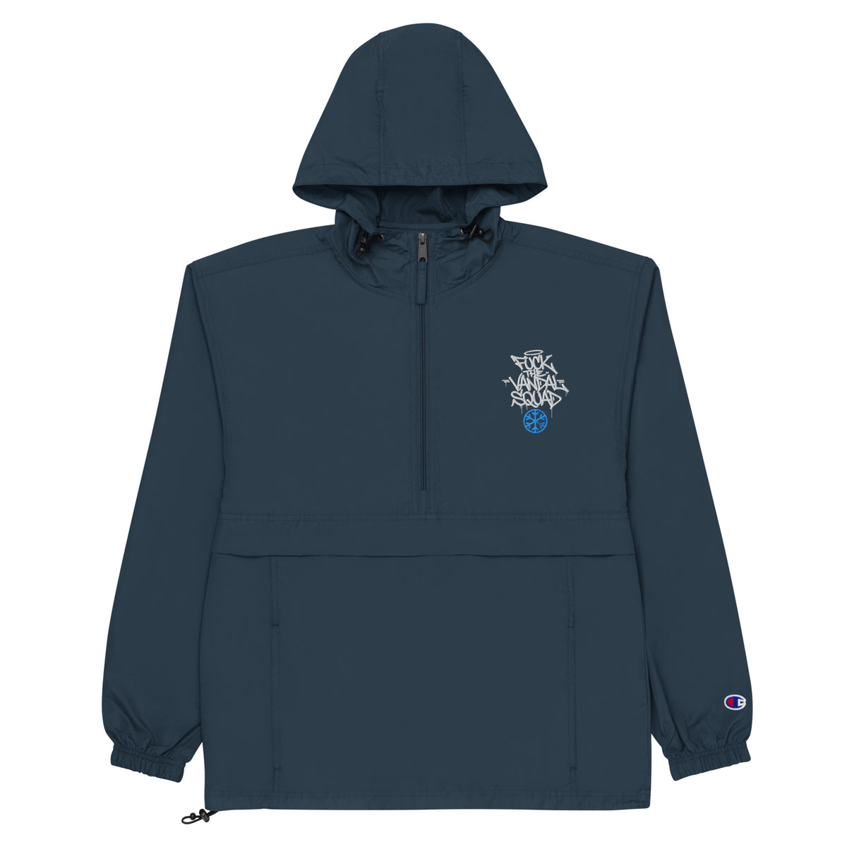 Navy-Fu*k The Vandal Squad Graffiti Windbreaker Jacket from B.Different Clothing, front view, graffiti-inspired streetwear
