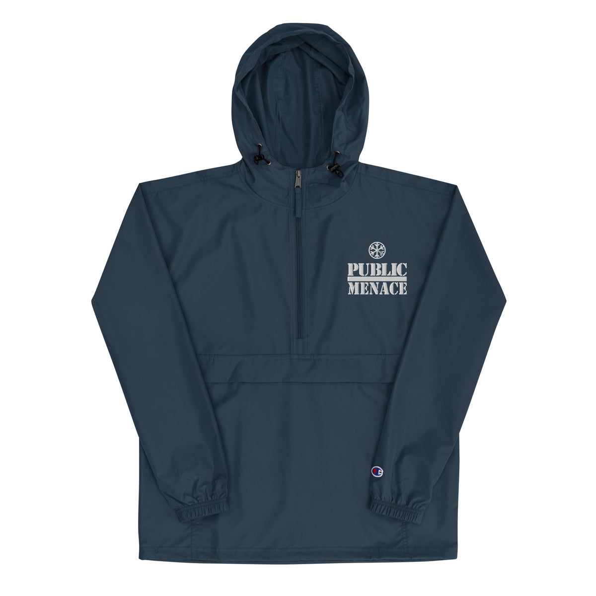 Navy-Public Menace Graffiti Windbreaker Jacket from B.Different Clothing, front view, graffiti-inspired streetwear