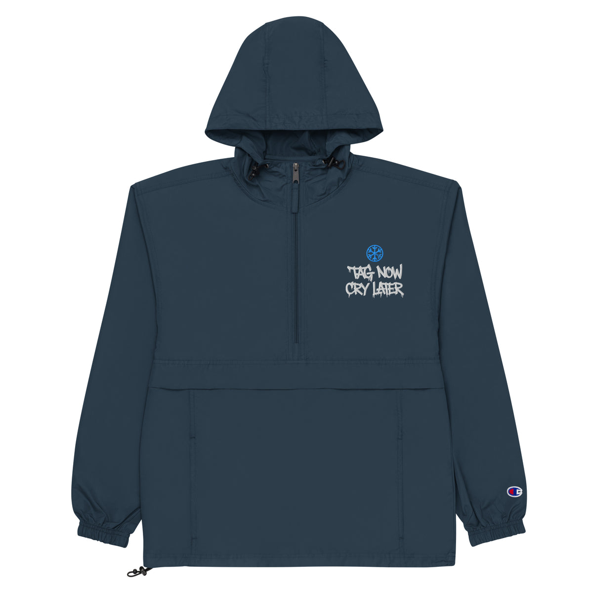 Navy-Tag Now Cry Later Graffiti Tag Windbreaker Jacket from B.Different Clothing, flat view, graffiti-inspired streetwear