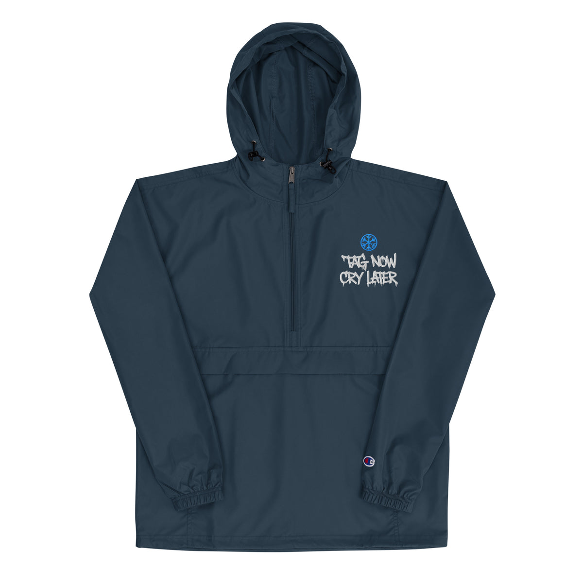 Navy-Tag Now Cry Later Graffiti Tag Windbreaker Jacket from B.Different Clothing, front view, graffiti-inspired streetwear