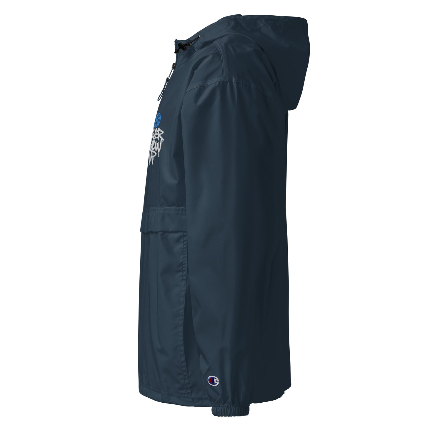 Navy-Never Grow Up Graffiti Windbreaker Jacket from B.Different Clothing, left view, graffiti-inspired streetwear