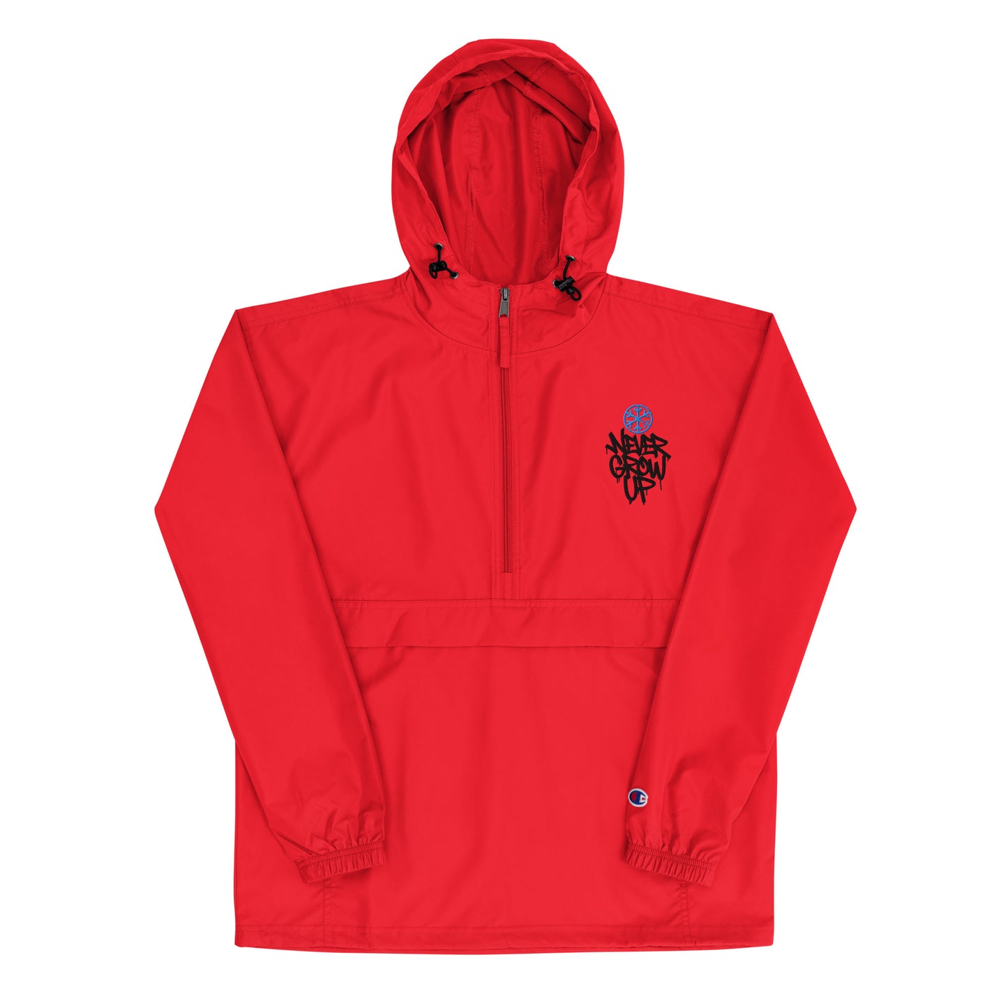 Red-Never Grow Up Graffiti Windbreaker Jacket from B.Different Clothing, front view, graffiti-inspired streetwear