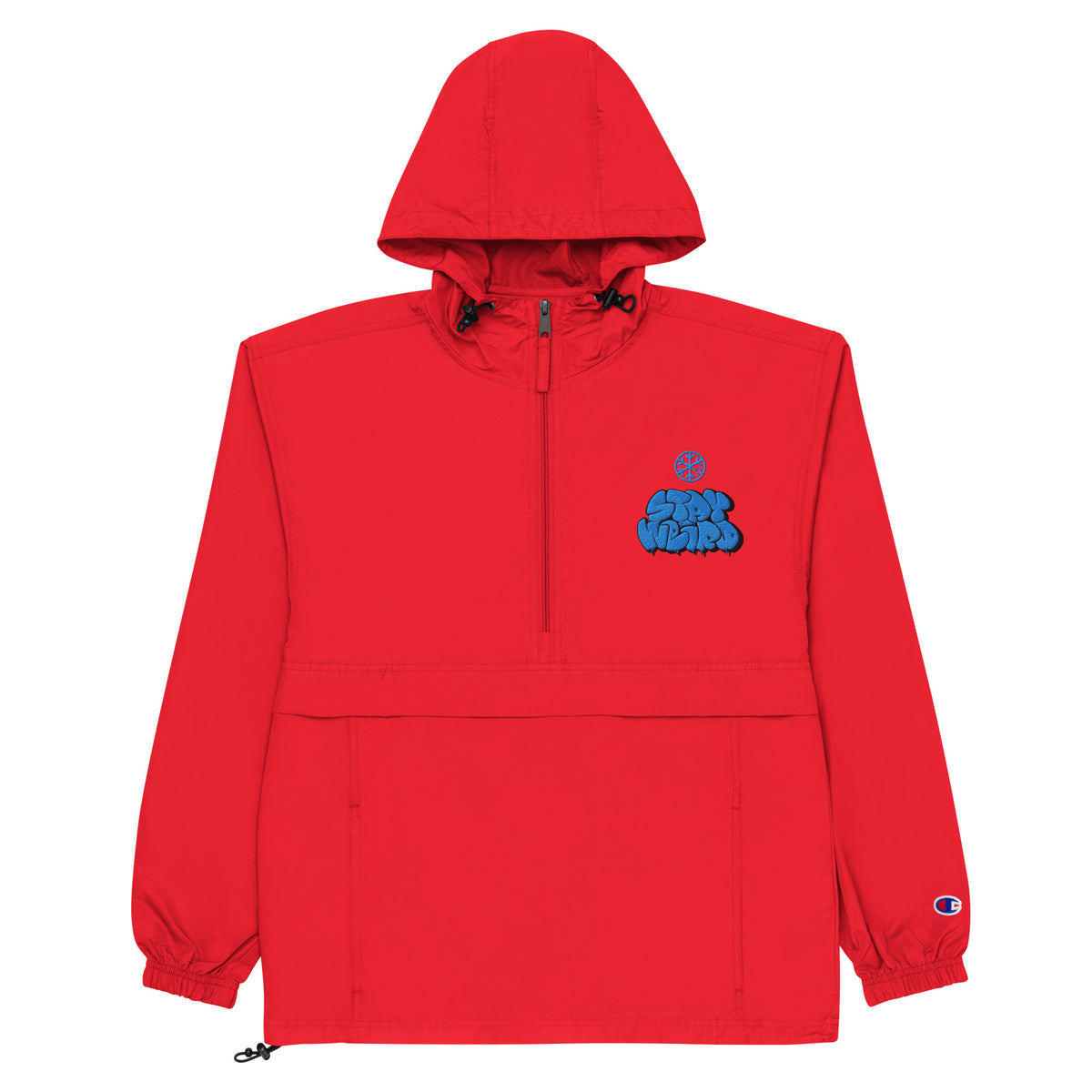 Red-Stay Weird Graffiti Throw-up Windbreaker Jacket from B.Different Clothing, flat view, graffiti-inspired streetwear