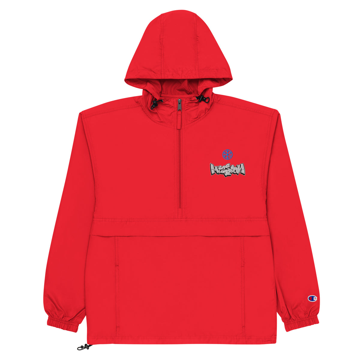 Red-Mission Graffiti Piece Windbreaker Jacket from B.Different Clothing, front view, graffiti-inspired streetwear