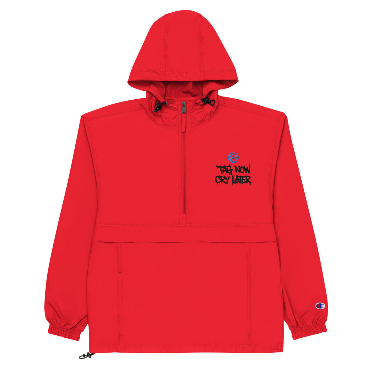 Red-Tag Now Cry Later Graffiti Tag Windbreaker Jacket from B.Different Clothing, flat view, graffiti-inspired streetwear