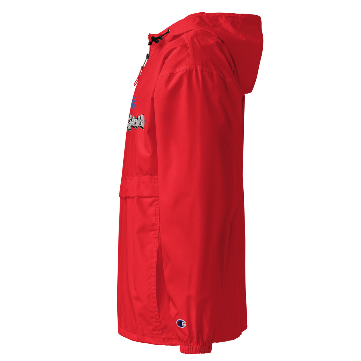 Red-Mission Graffiti Piece Windbreaker Jacket from B.Different Clothing, left view, graffiti-inspired streetwear