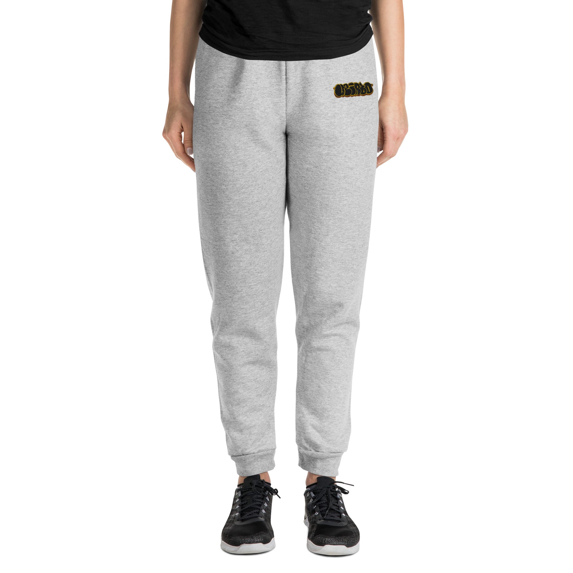 woman wearing Weirdo Graffiti Throwie joggers gray by B.Different Clothing street art graffiti inspired independent streetwear brand