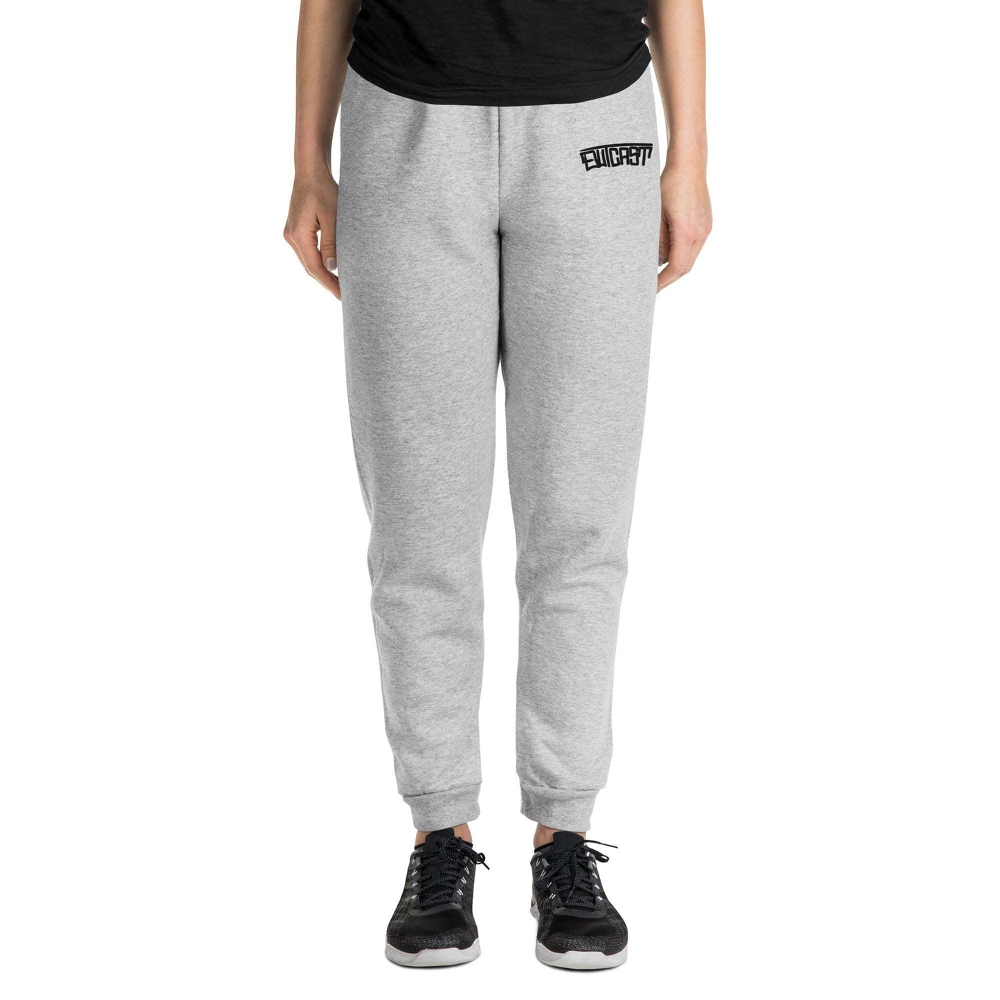 front of woman wearing Outcast Graffiti Tag Joggers gray B.Different Clothing graffiti street art inspired streetwear brand