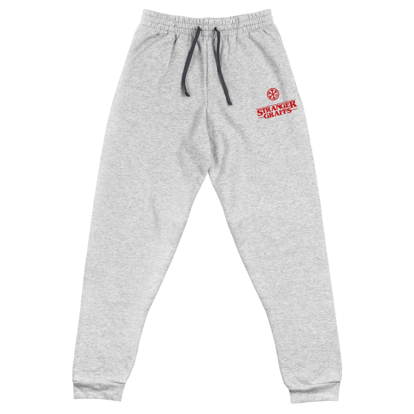 Gray-Stranger Graffs Joggers from B.Different Clothing, front view, graffiti-inspired streetwear
