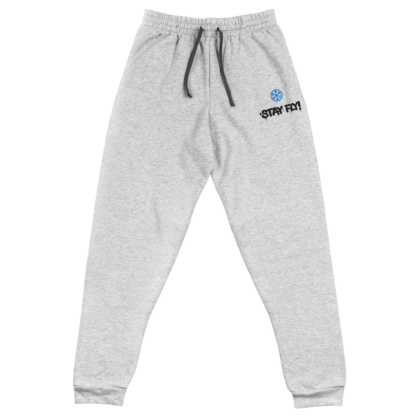 Gray-Stay Fly Graffiti Tag Joggers from B.Different Clothing, front view, graffiti-inspired streetwear
