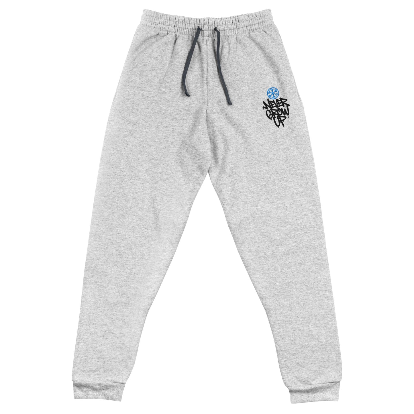 Gray-Never Grow Up Graffiti Joggers from B.Different Clothing, front view, graffiti-inspired streetwear